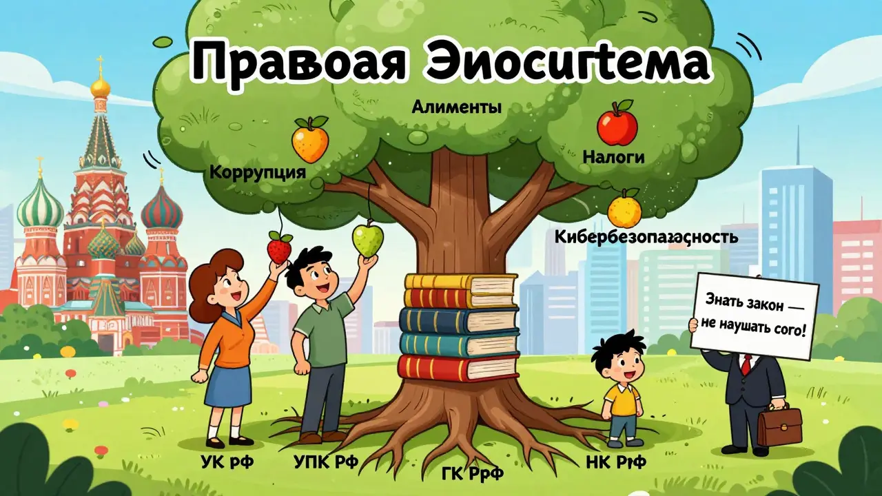 Правовая экосистема как дерево с корнями из законов, на ветвях — фрукты с темами: налоги, кибербезопасность, коррупция.