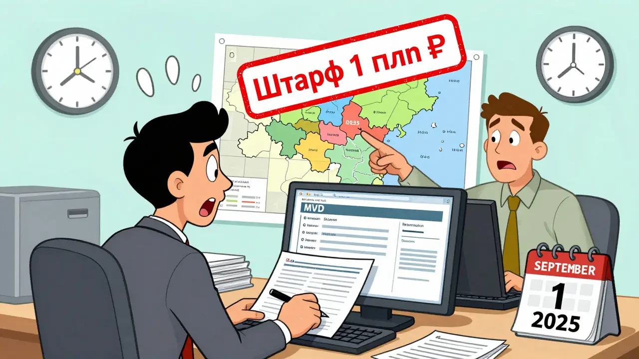 Работодатель паникует, заполняя форму для МВД, над ним — огромная печать штрафа, на столе календарь с 1 сентября 2025.