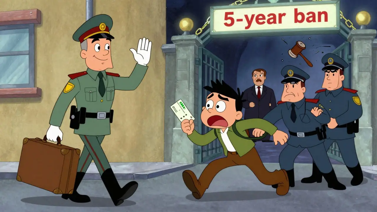 Разделённая сцена: спокойный уезд против насильственного выдворения с запретом на въезд, в мультяшном стиле.