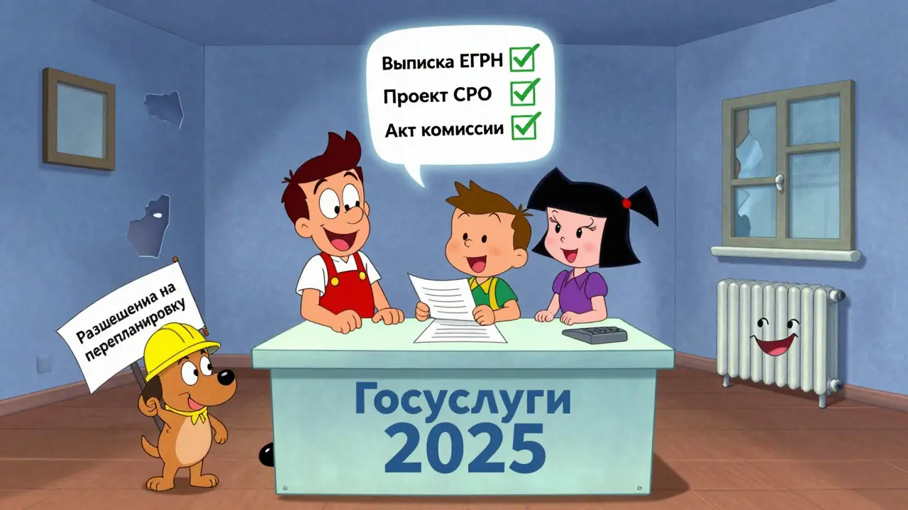 Семья подписывает документы на экране &#039;Госуслуги 2025&#039;, вокруг — проверенные этапы легализации перепланировки