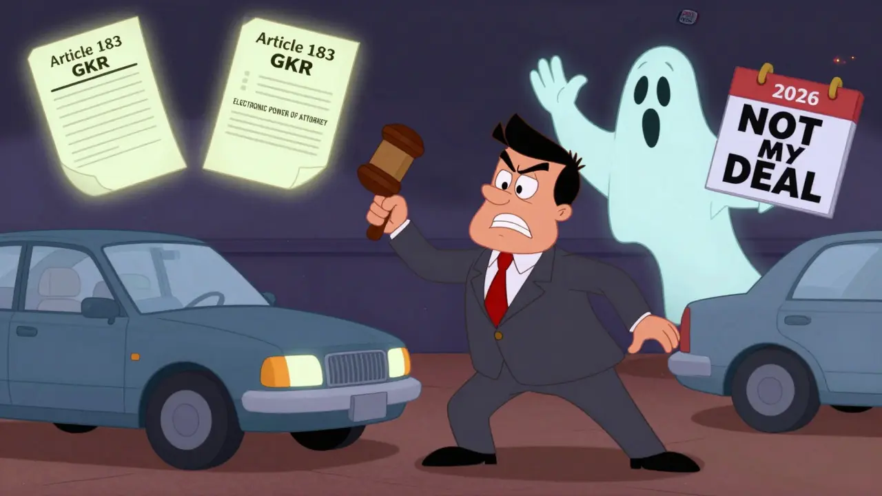 Судья бьёт молотком, человек возвращает машину, за спиной — призрак владельца с табличкой 'Не моё дело'.