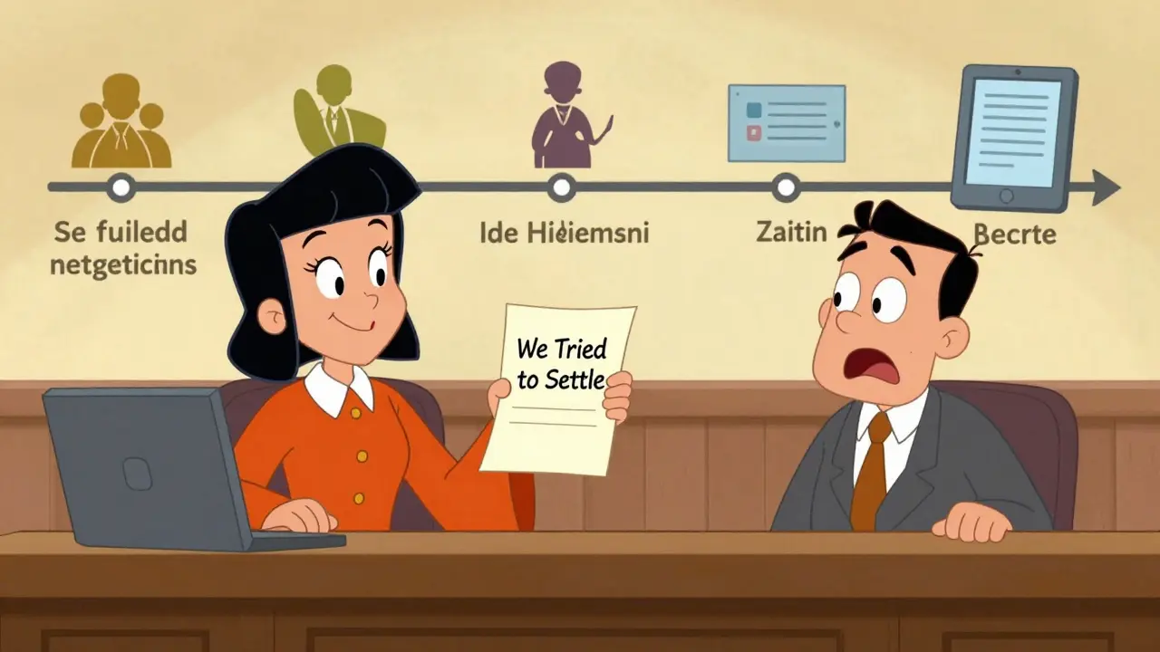 Судья держит письмо о попытке урегулирования, истец спокоен, ответчик удивлён.