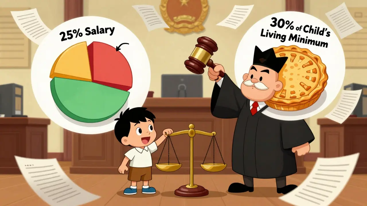 Судья и два графика: доля зарплаты и прожиточный минимум для ребенка.