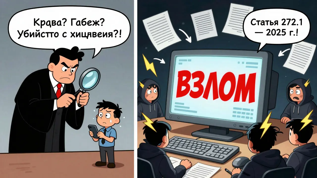 Судья с лупой смотрит на воровство телефона, справа — хакеры с вспышками, надпись &#039;Статья 272.1 — 2025&#039;.