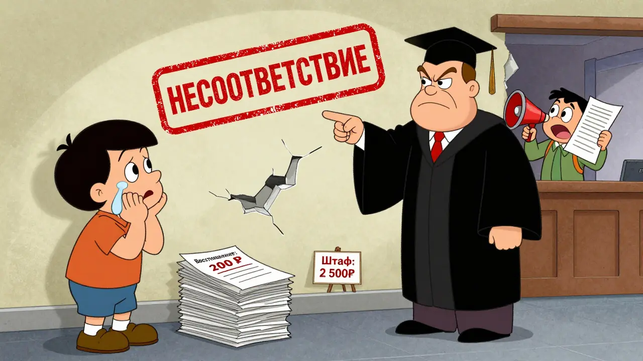 Судья указывает на большой штамп &#039;НЕСООТВЕТСТВИЕ&#039; над разрушенной стеной, домовладелец в панике