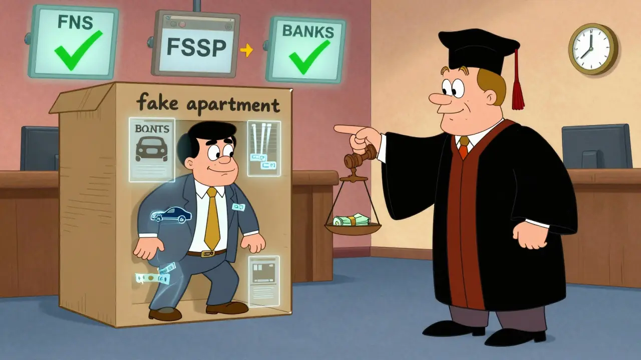 Судья указывает на человека, скрывающего имущество, в стиле мультфильма с цифровыми проверками.