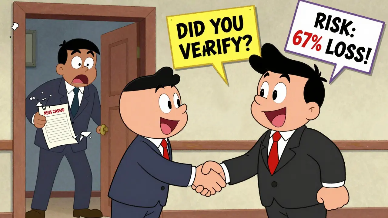 Третье лицо рукопожимает с представителем, а настоящий владелец смотрит в ужасе, в воздухе предупреждающие знаки.