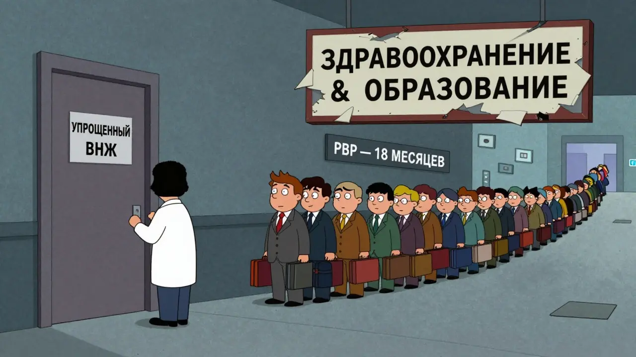 Врач и учитель стоят перед закрытой дверью упрощённого ВНЖ, а длинная очередь ведёт к РВП.