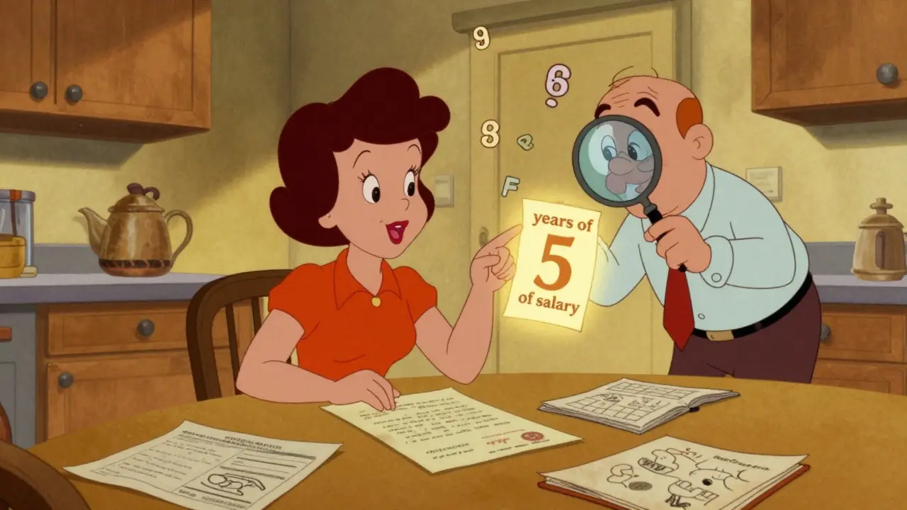 Женщина с документами на кухне, рядом помощник Пенсионного фонда с лупой.