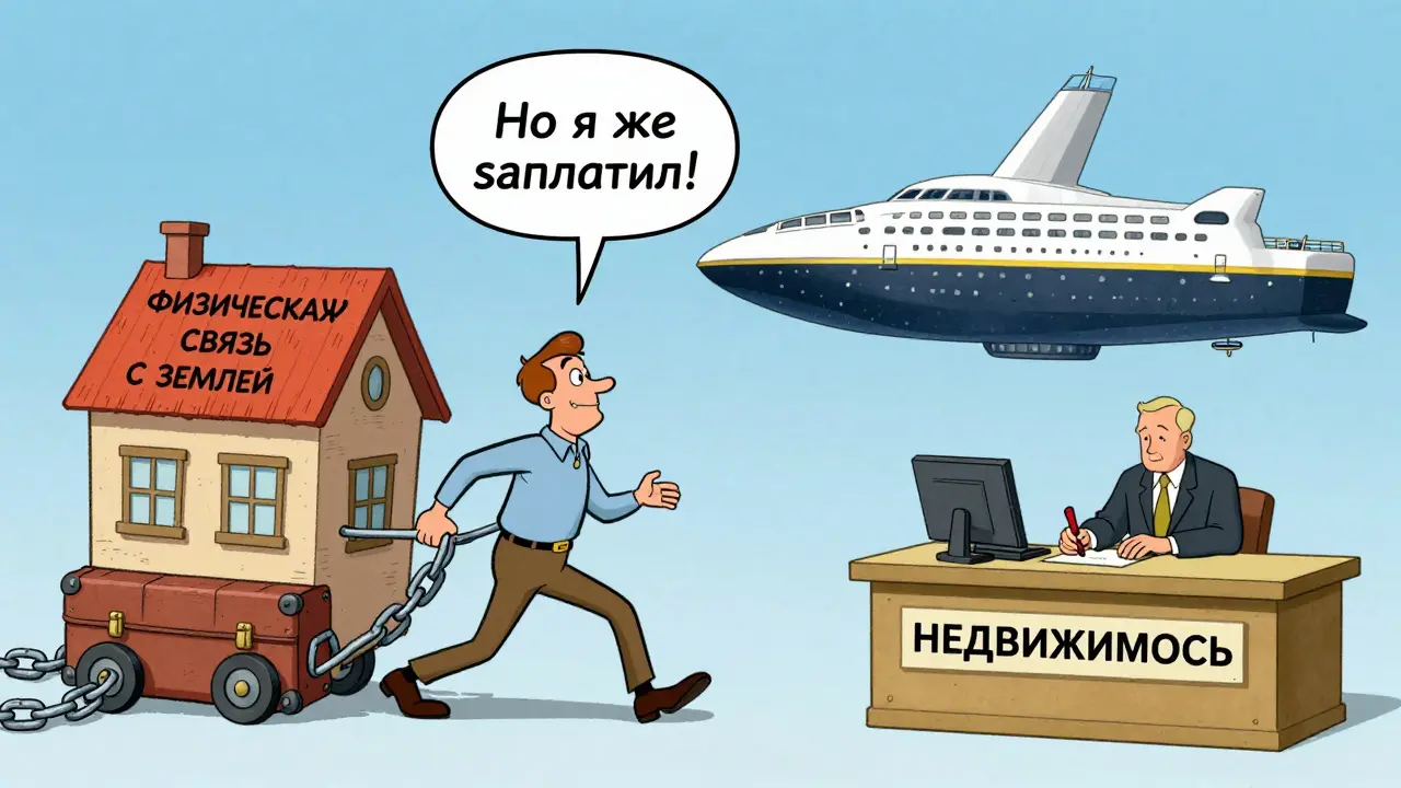 Человек пытается утащить дом на колесах, но он прикован цепями к земле, рядом — корабль и самолет, регистрируемые как недвижимость.