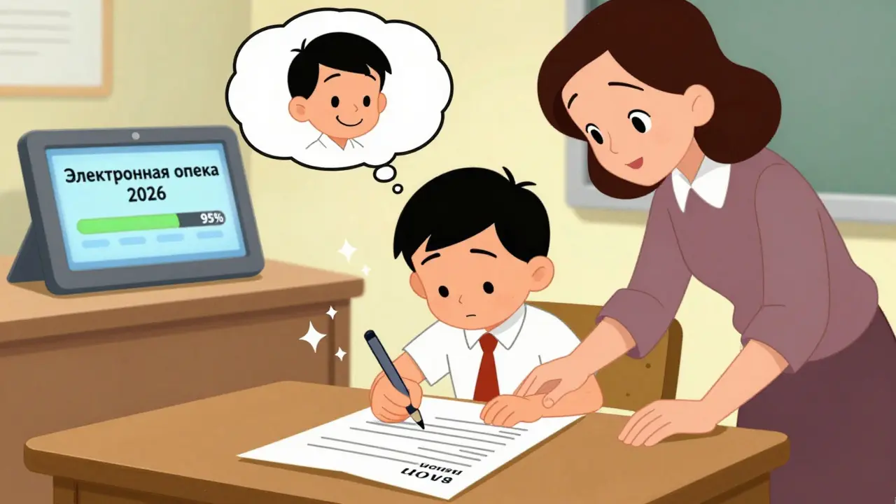 Двенадцатилетний мальчик подписывает согласие на опеку, учительница помогает ему.