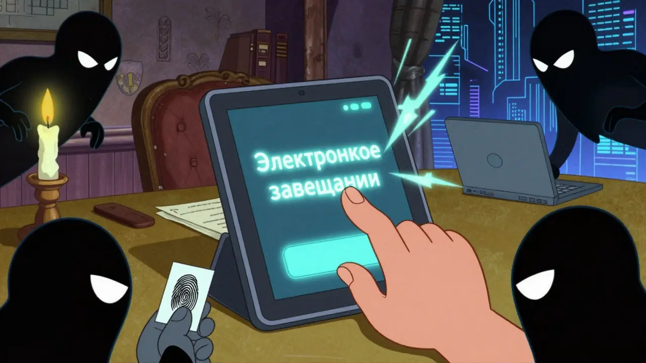 Электронное завещание на планшете, вокруг которого крадутся хакеры и копируются отпечатки пальцев.