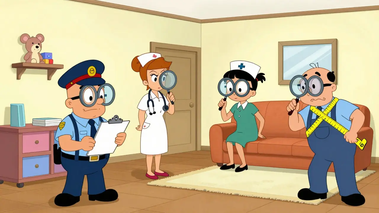 Комиссия проверяет квартиру на соответствие нормам, ребенок спит на диване-кровати.