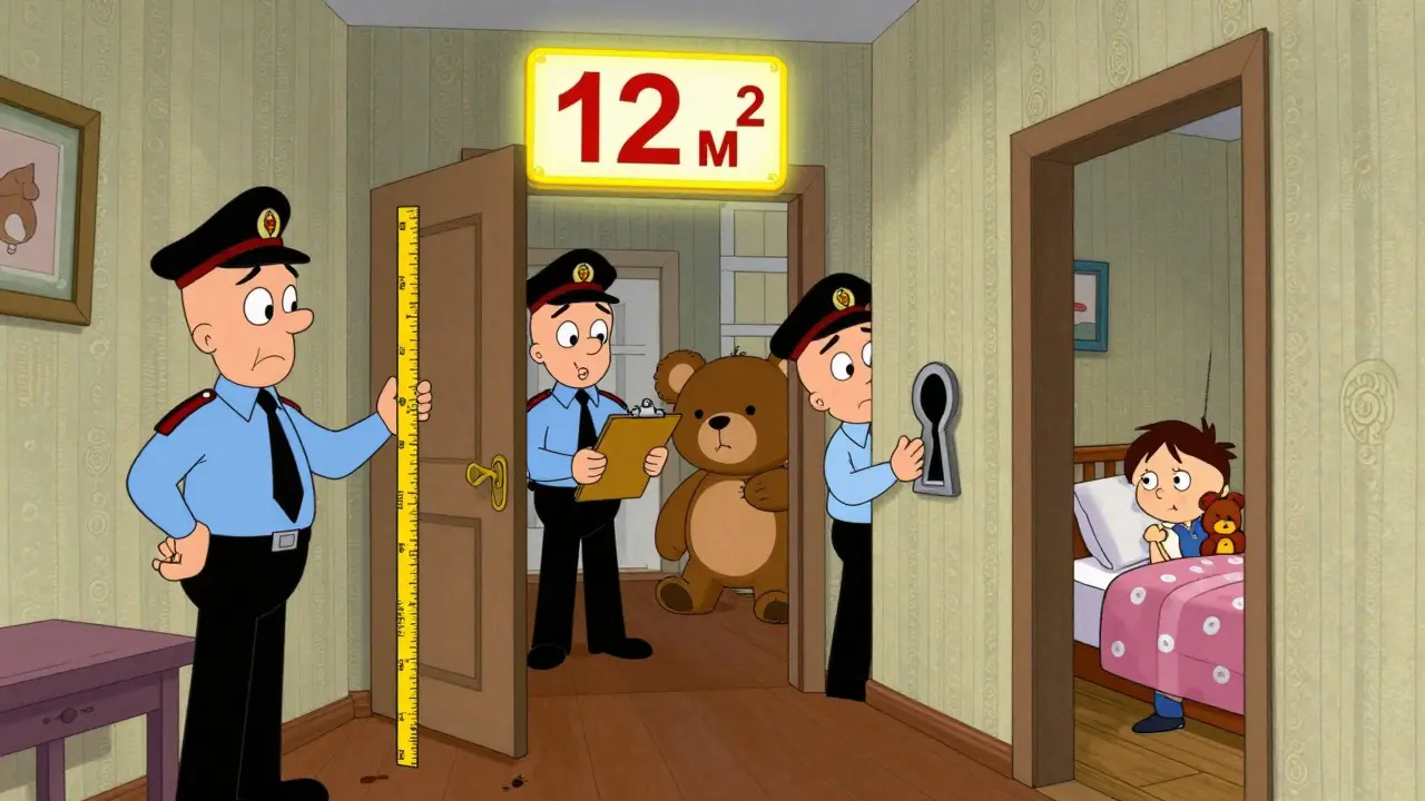 Комиссия проверяет жилую площадь в квартире, один из членов держит линейку.