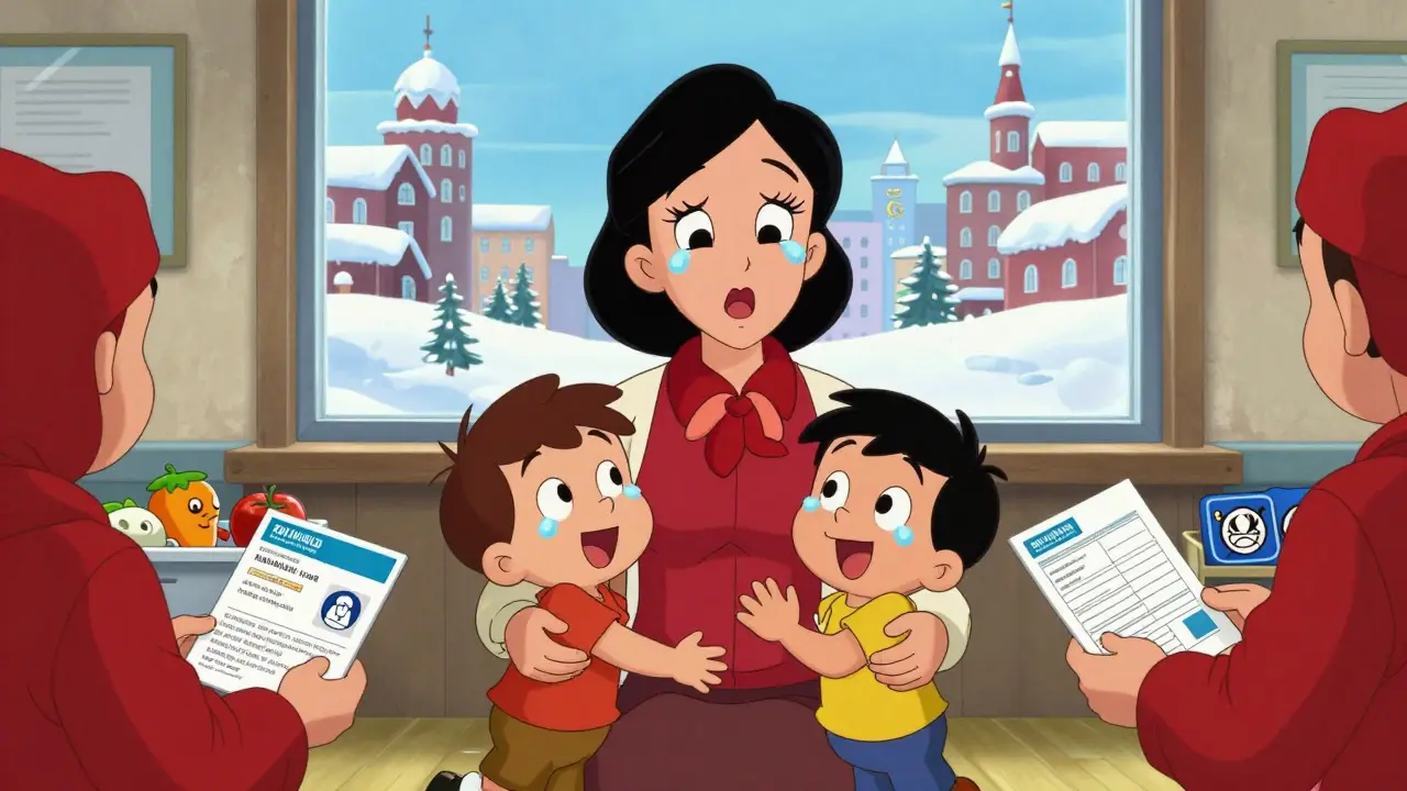 Мать с детьми получают помощь в центре временного размещения.