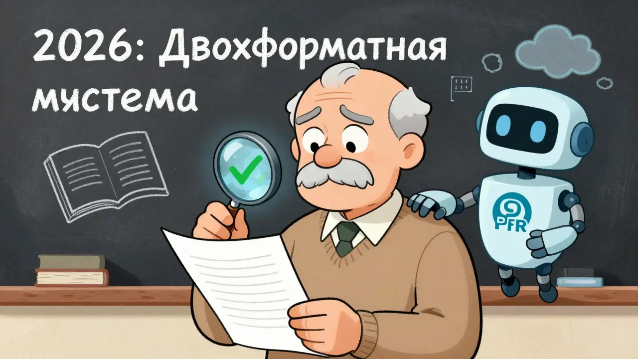 Пожилой мужчина с бумажной трудовой книжкой и дружелюбный робот с порталом Госуслуг.