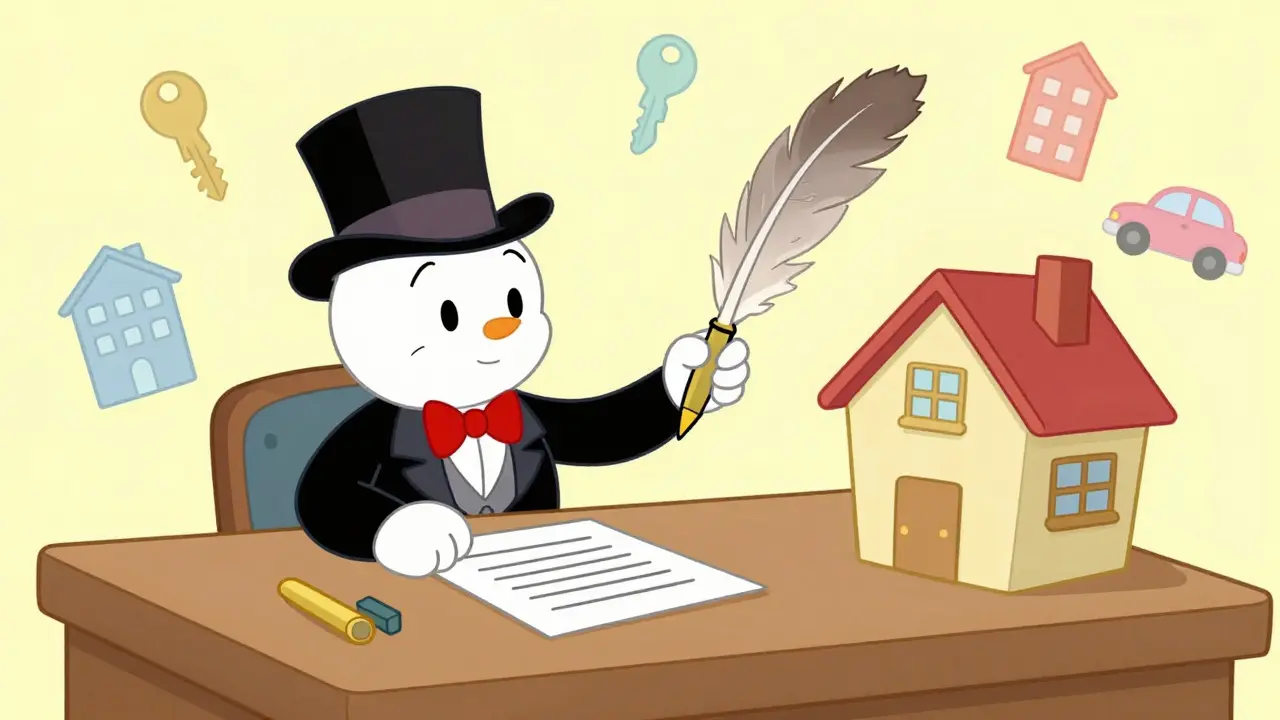 Правительственное здание заключает договор аренды с домом, в мультяшной сцене без текста.