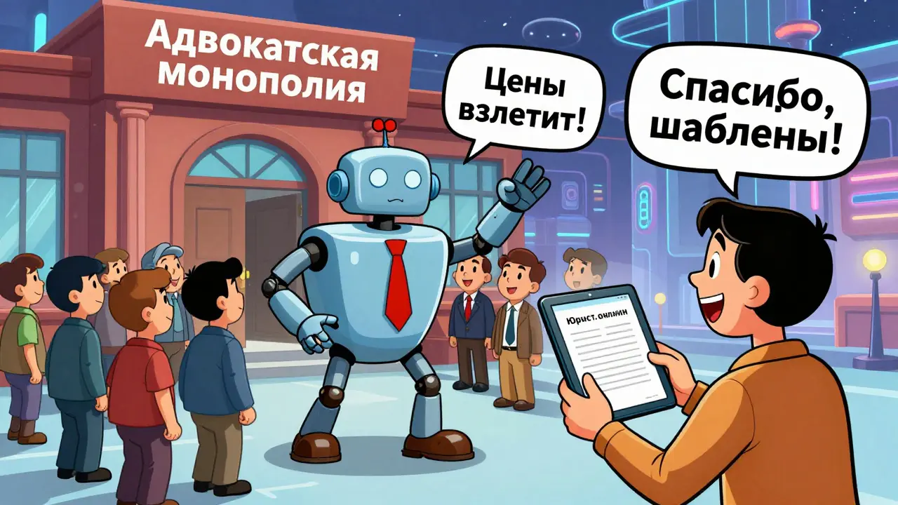 Робот-адвокат блокирует вход в суд, клиент печатает договор через планшет, другие юристы уходят.