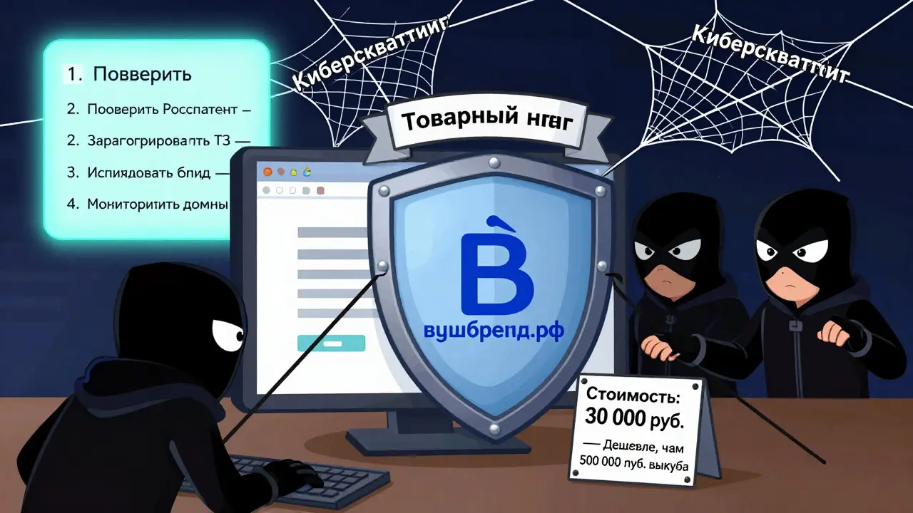 Щит товарного знака защищает сайт от хакеров, на фоне чек-лист защиты — мультяшная иллюстрация.