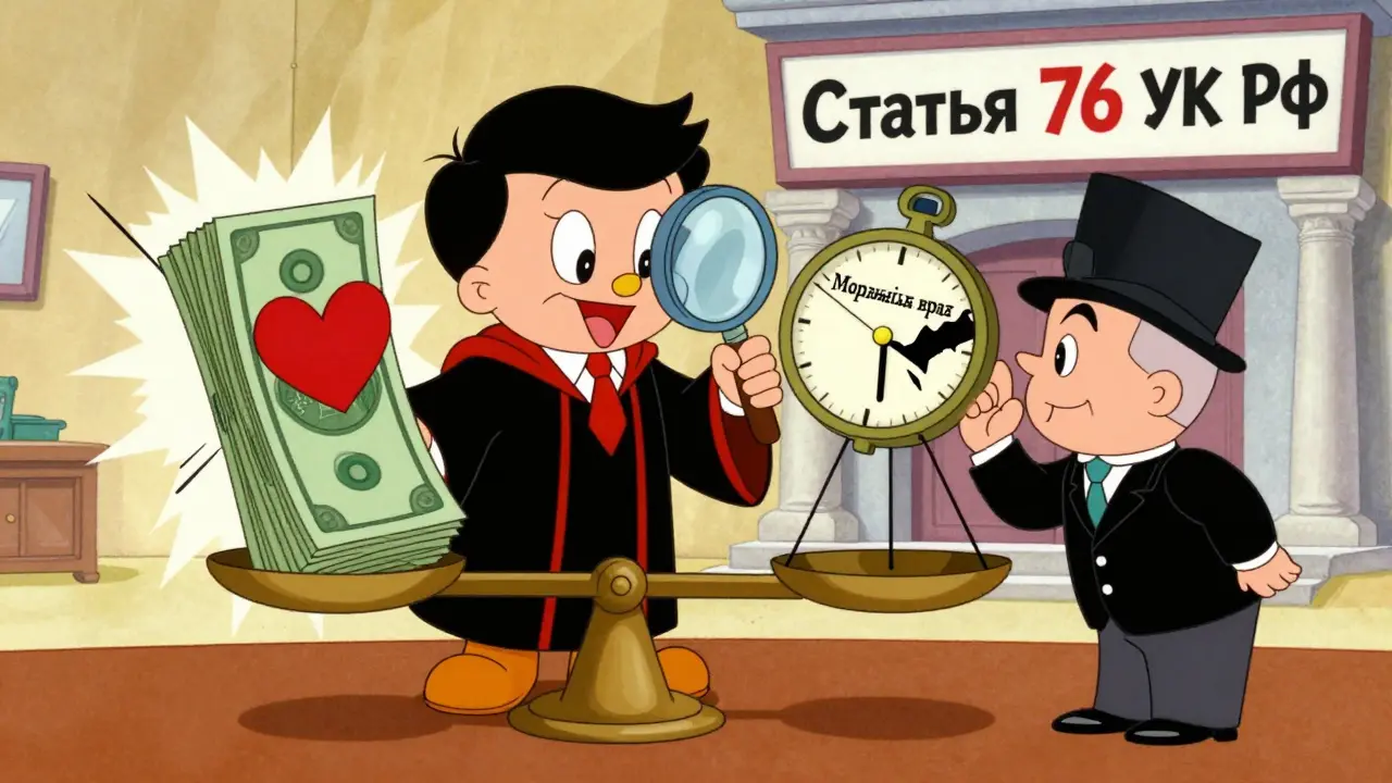 Судья проверяет полное возмещение вреда: деньги, моральный ущерб и символ исцеления на весах.