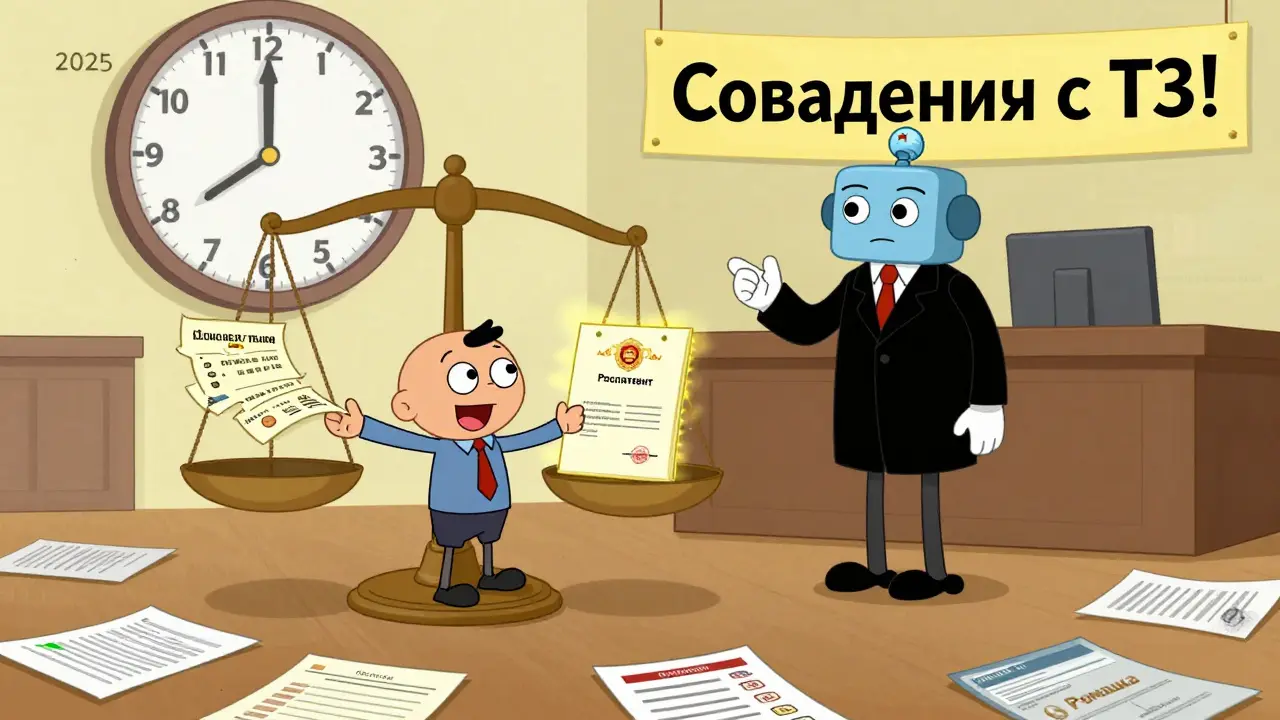 Судебный процесс: домен против товарного знака, судья с роботом Роспатент — мультяшный стиль.