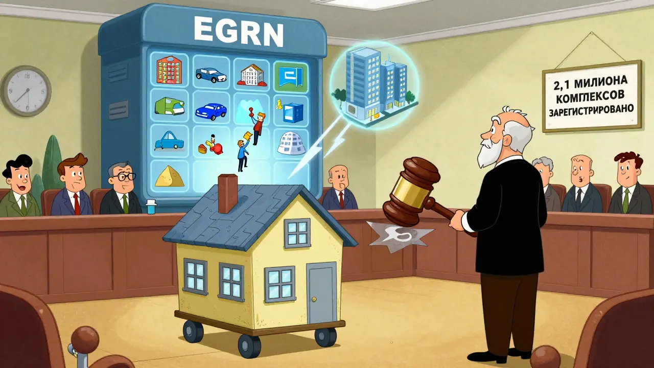 Судебный процесс: модульный дом на колесах спорит с судьей, вокруг — значки недвижимости в свете реестра ЕГРН.