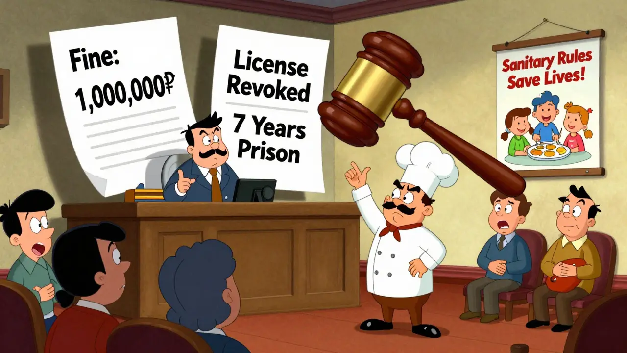 Судебный процесс: повар стоит перед судом, а над ним висят огромные штрафы и предупреждение о тюрьме.