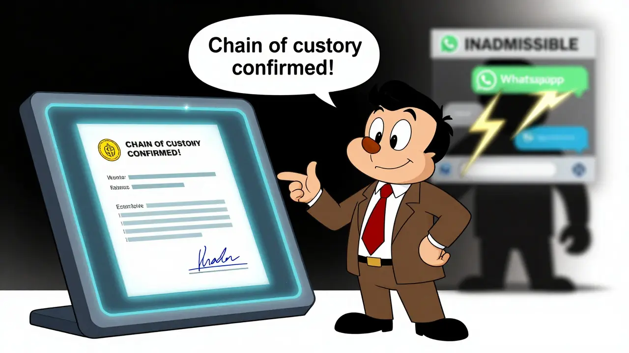 Юрист показывает надёжный электронный документ с КЭП, в то время как скриншот WhatsApp отбрасывается молнией.