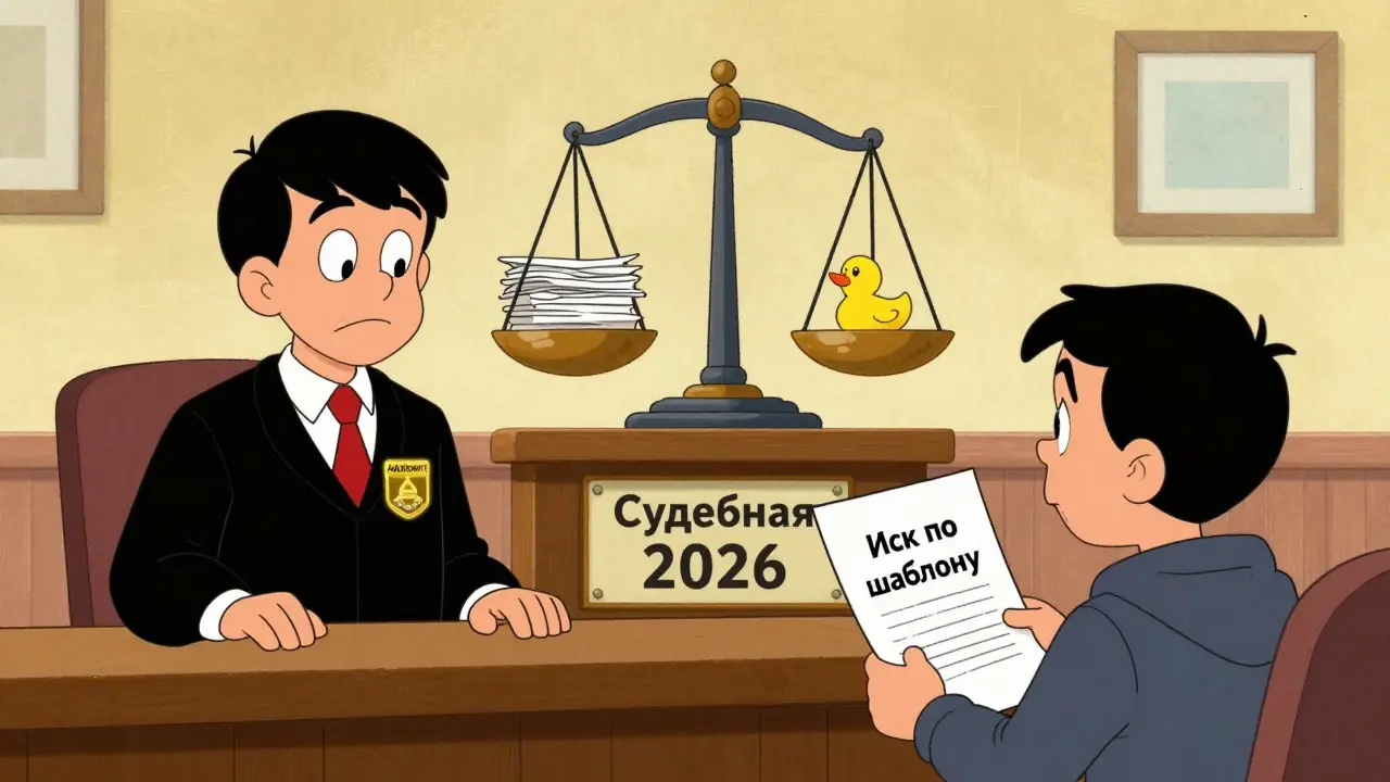 В суде адвокат в мантии спорит с юристом в худи, над головой — весы с документами и уткой.