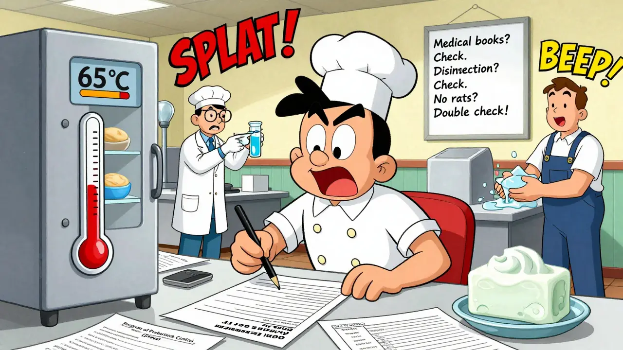 Владелец кафе заполняет документы о производственном контроле, рядом — лаборант берет пробу воды и уборщик моет руки.