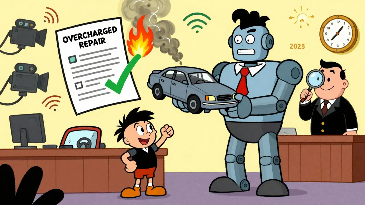 Водитель оспаривает завышенный счёт в суде, рядом — независимая экспертиза и разрушающиеся документы.