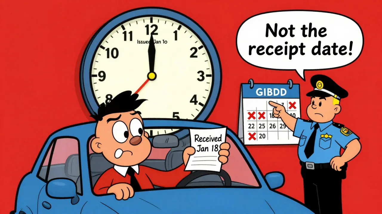 Водитель смотрит на письмо, а над ним — часы, показывающие правильную дату вынесения штрафа, а не получения.