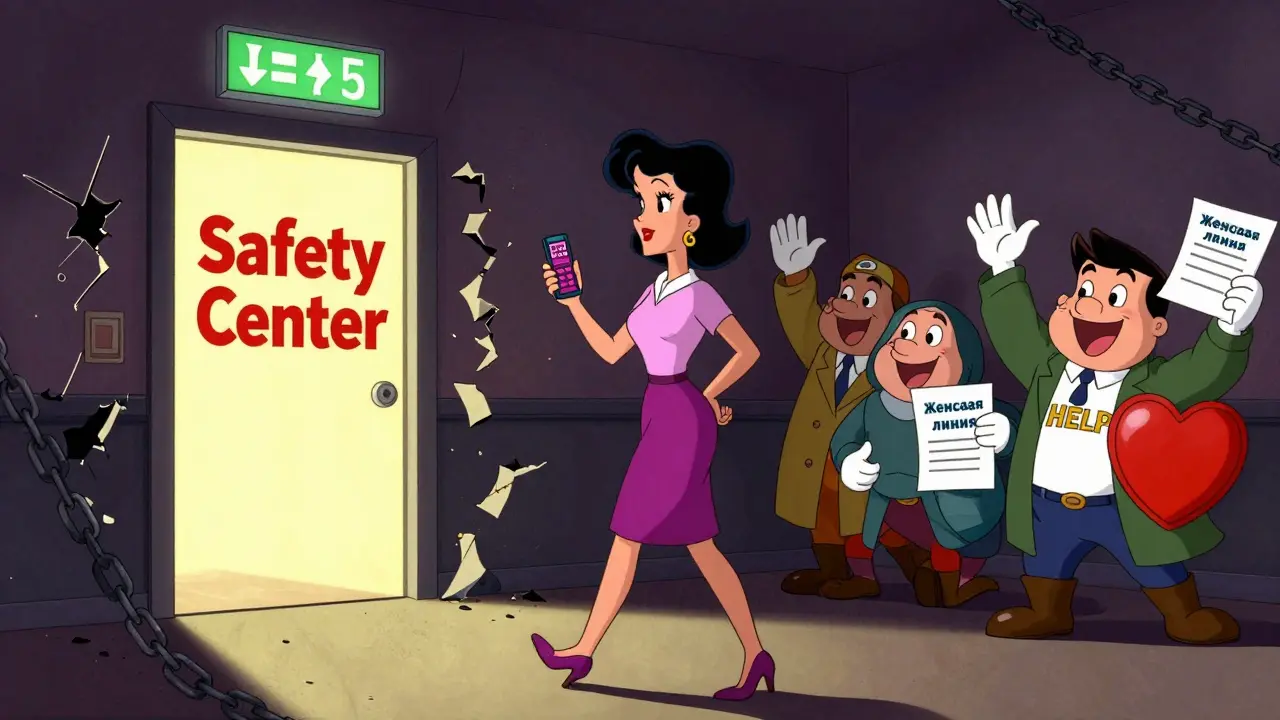 Женщина идет к центру помощи, за ней разрушаются цепи насилия в мультяшном стиле.