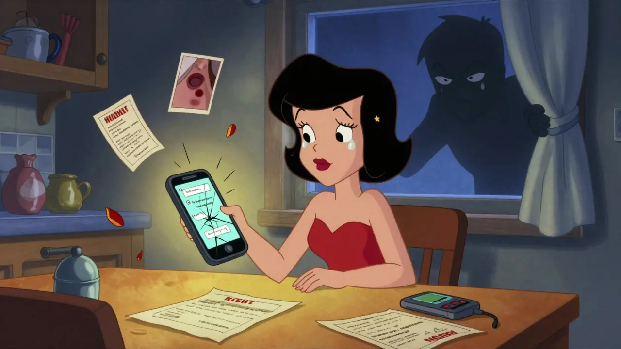 Женщина собирает доказательства на кухне, а агрессор подглядывает из окна в мультяшной иллюстрации.