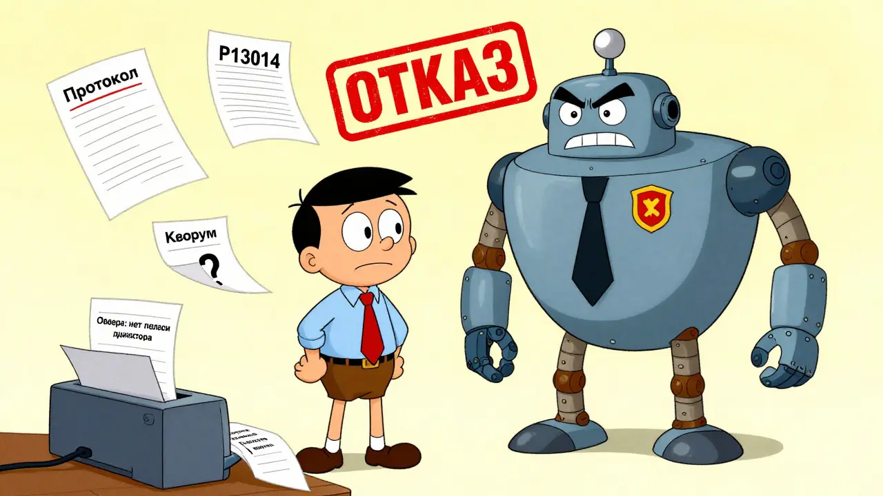 Бизнесмен получает отказ от робота-инспектора с ошибками в документах