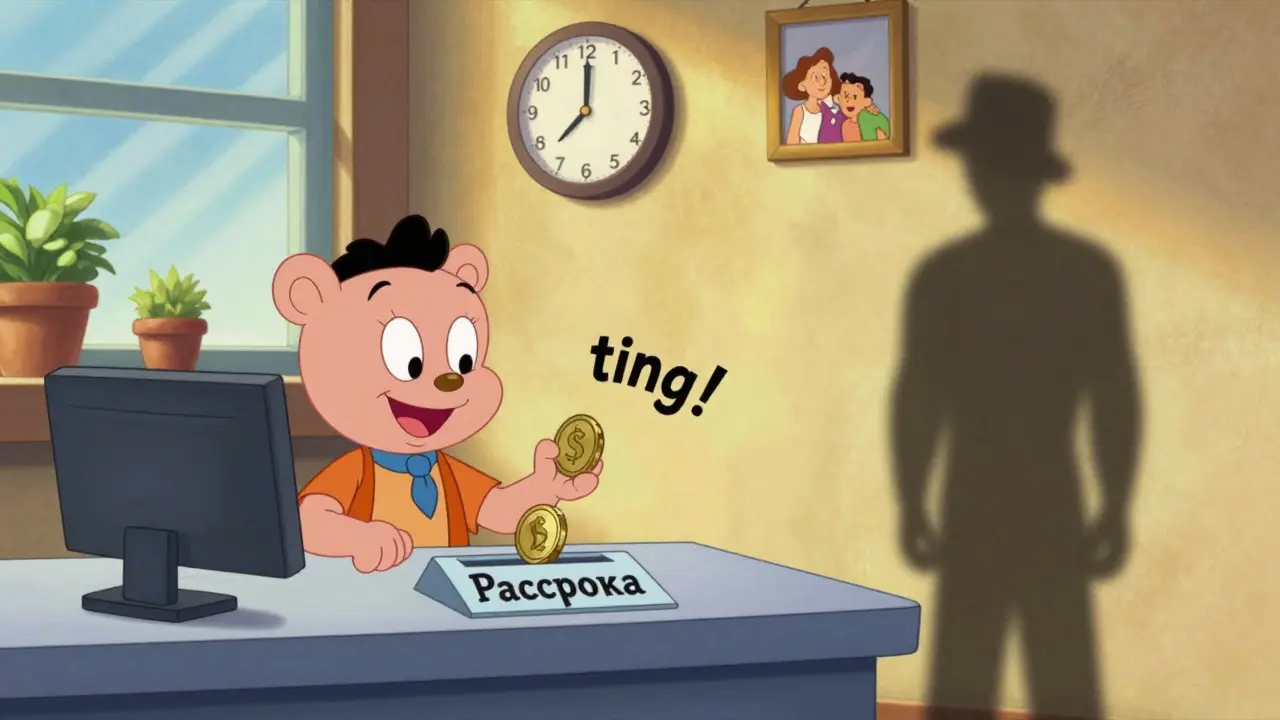 Человек регулярно вносит платежи по рассрочке, пристав уходит вдаль.