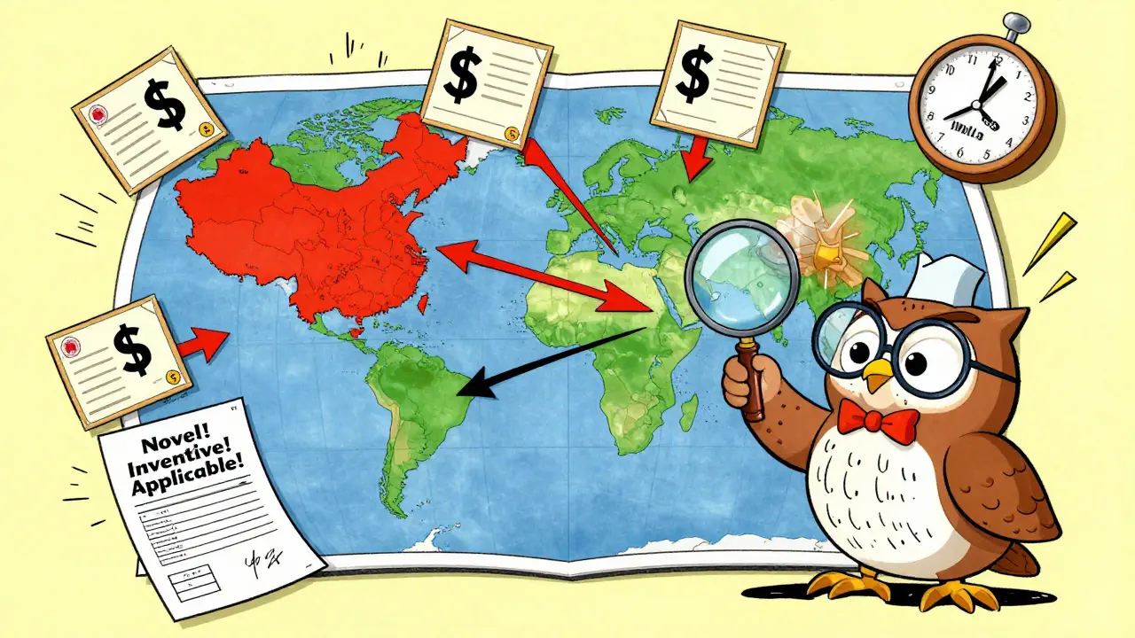Изобретатель на глобальной карте отправляет патенты в Китай, Германию, Бразилию и Индию, таймер показывает 30 месяцев.
