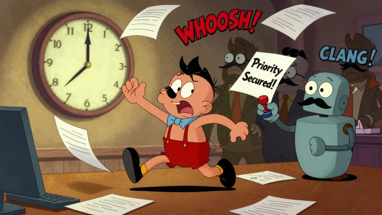 Изобретатель спешит подать PCT-заявку в Роспатент перед истечением срока, конкуренты пытаются украсть чертеж.