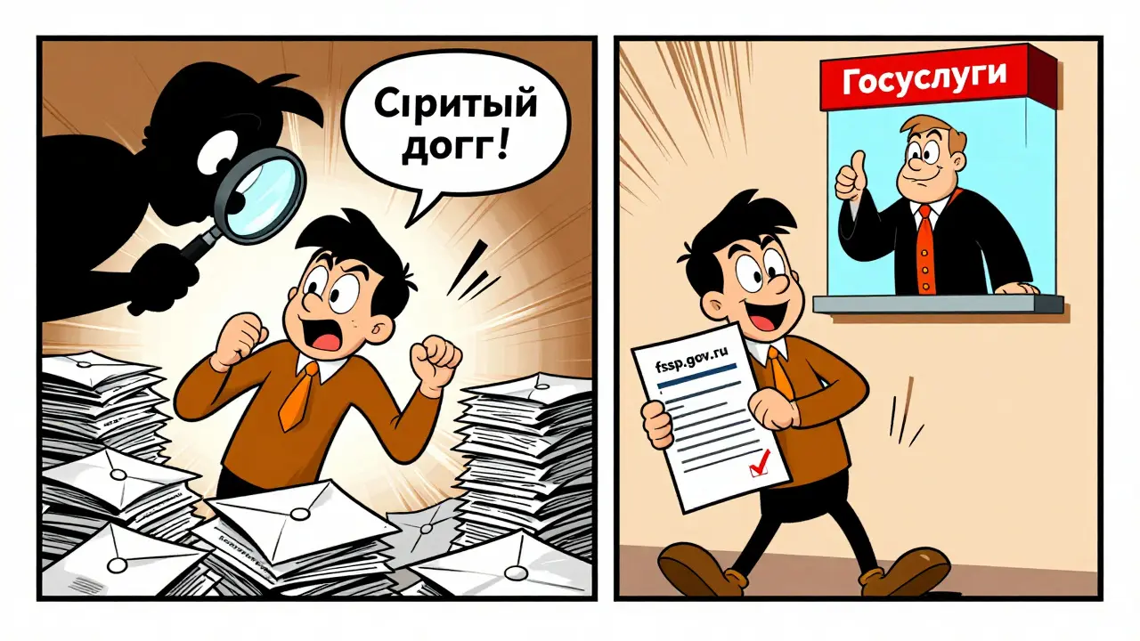 Комикс в два панеля: сначала паника из-за письма, потом облегчение после проверки на Госуслугах.