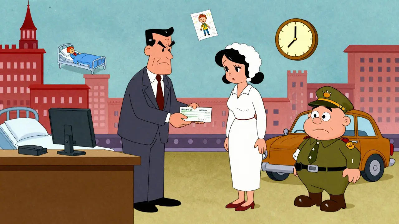 Компания выплачивает компенсацию вдове, водитель стыдится, вокруг — символы боли: больница, рисунок ребенка, часы ночью.