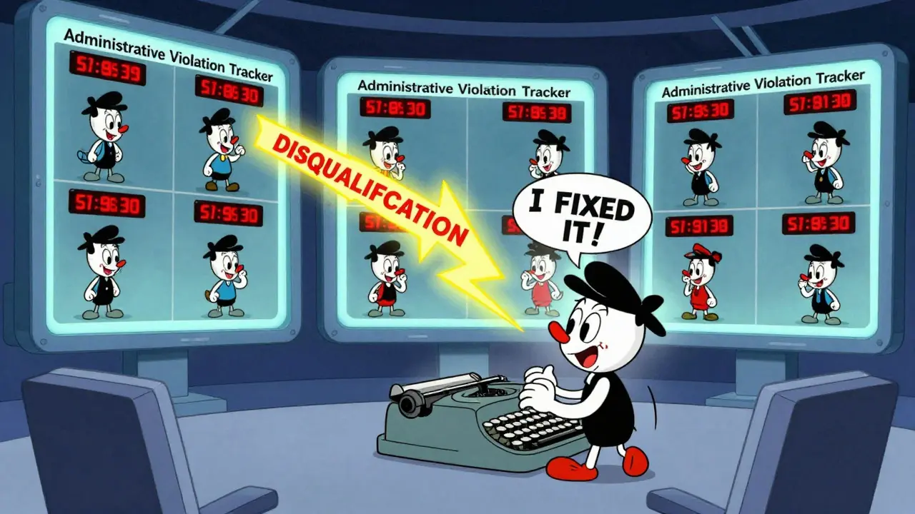 Контрольный центр с мониторами, отслеживающими нарушителей по цветным счетчикам, один из них получает удар дисквалификации.