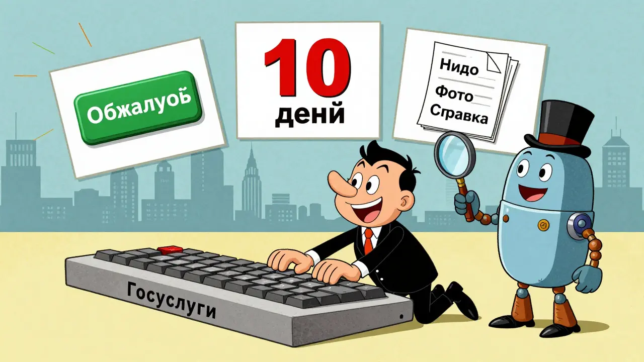 Мужчина подаёт жалобу через Госуслуги, рядом — таймер, документы и робот-инспектор с лупой.