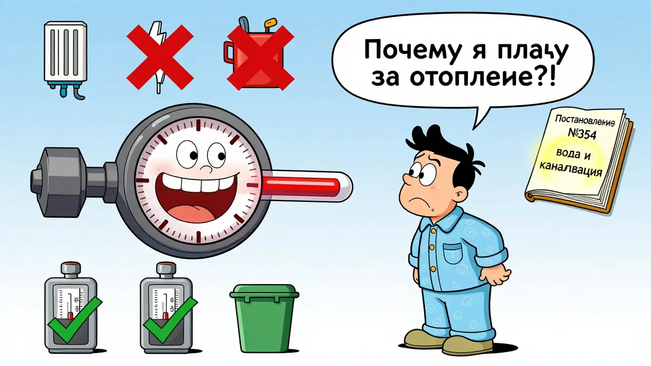 Мужчина удивленно смотрит на счетчики: водоснабжение — зеленые галочки, отопление и электричество — красные крестики.