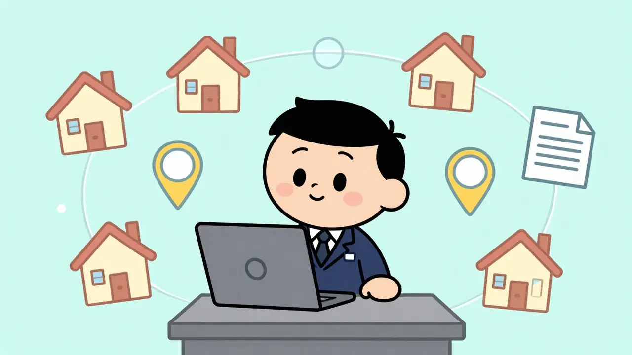 Нотариус с документами и цифровыми иконками. Электронный реестр наследства.