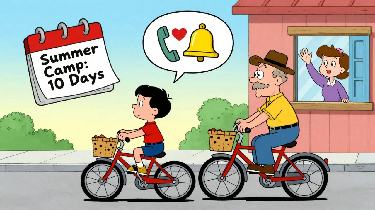 Отец и сын катаются на велосипедах, символизируя регулярные встречи и совместное время.