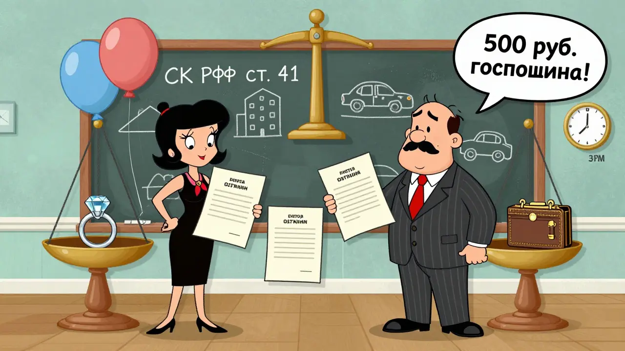 Пара перед нотариусом подписывает три экземпляра договора, рядом — весы с криптовалютой и ювелирным изделием.