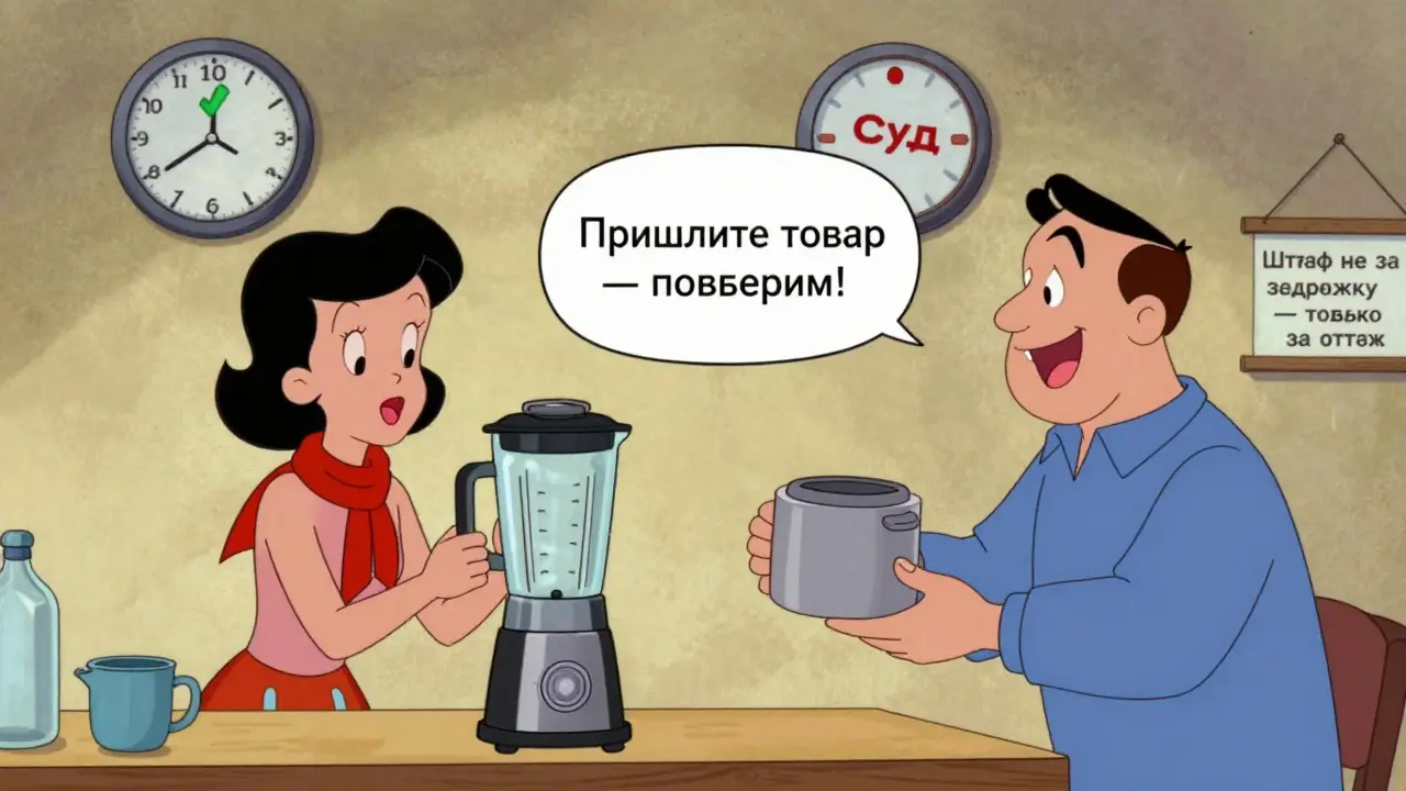 Продавец предлагает ремонт, покупатель не подает в суд — штраф не назначается, так как нет отказа.