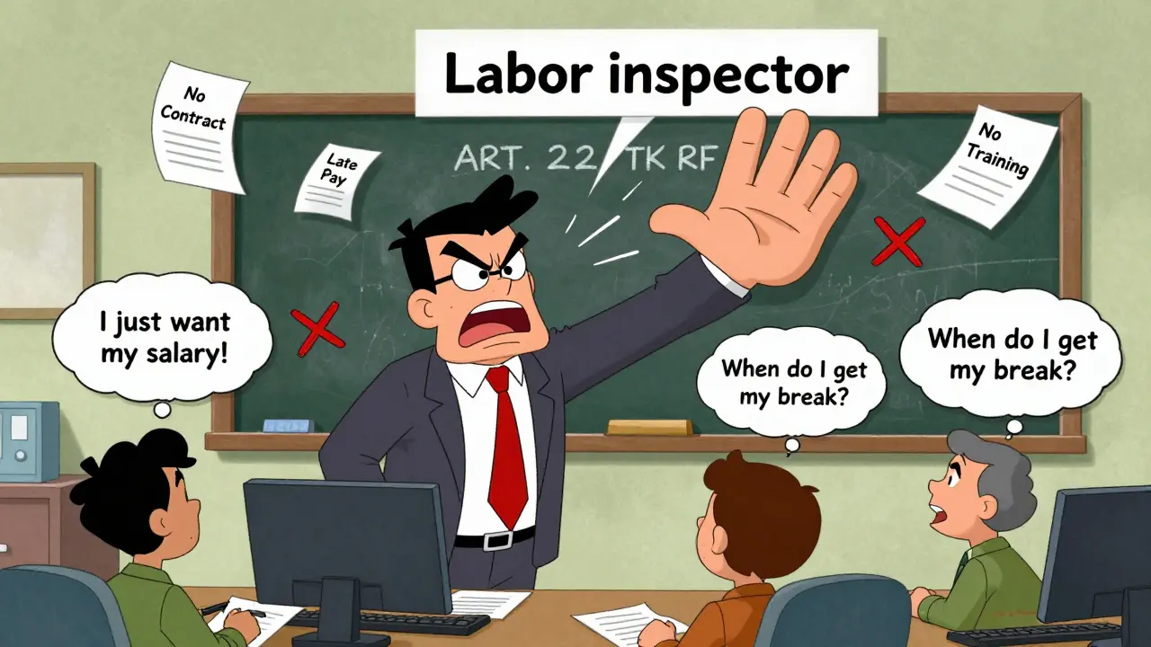 Работодатель получает выговор от гигантской руки инспектора труда, вокруг летят нарушения: нет договора, задержка зарплаты, нет инструктажа.