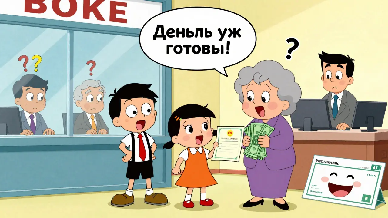 Семья радостно получает деньги по завещательному распоряжению в банке с яркими мультяшными деталями.