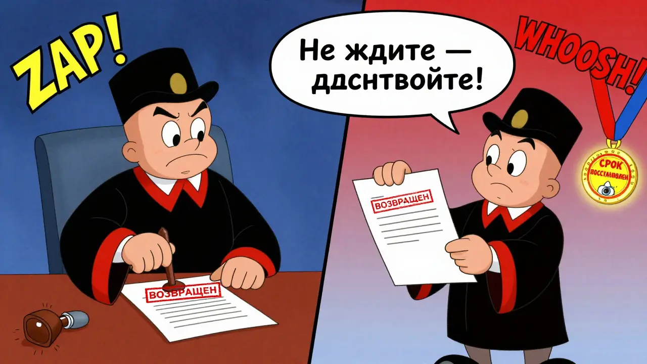 Сравнение возврата иска и восстановления срока — мультяшная иллюстрация с яркими эмоциями.